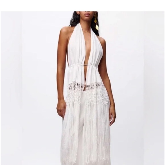 Zara Tops - Zara White Linen Backless Eonen Macrame Fringe Halter Size S